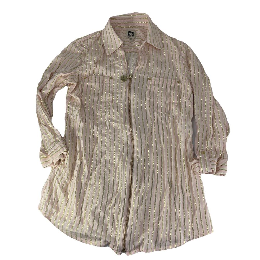 Anne Klein Pink W/Metallic Gold Stripes Collared Zip Front Blouse 3/4 Sleeve XS